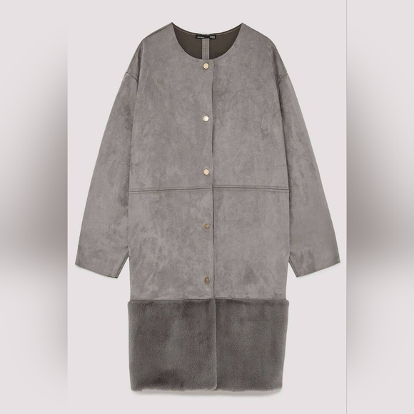 ZARA Long Grey Faux Suede & Faux Fur Button Long Jacket - Picture 1 of 4